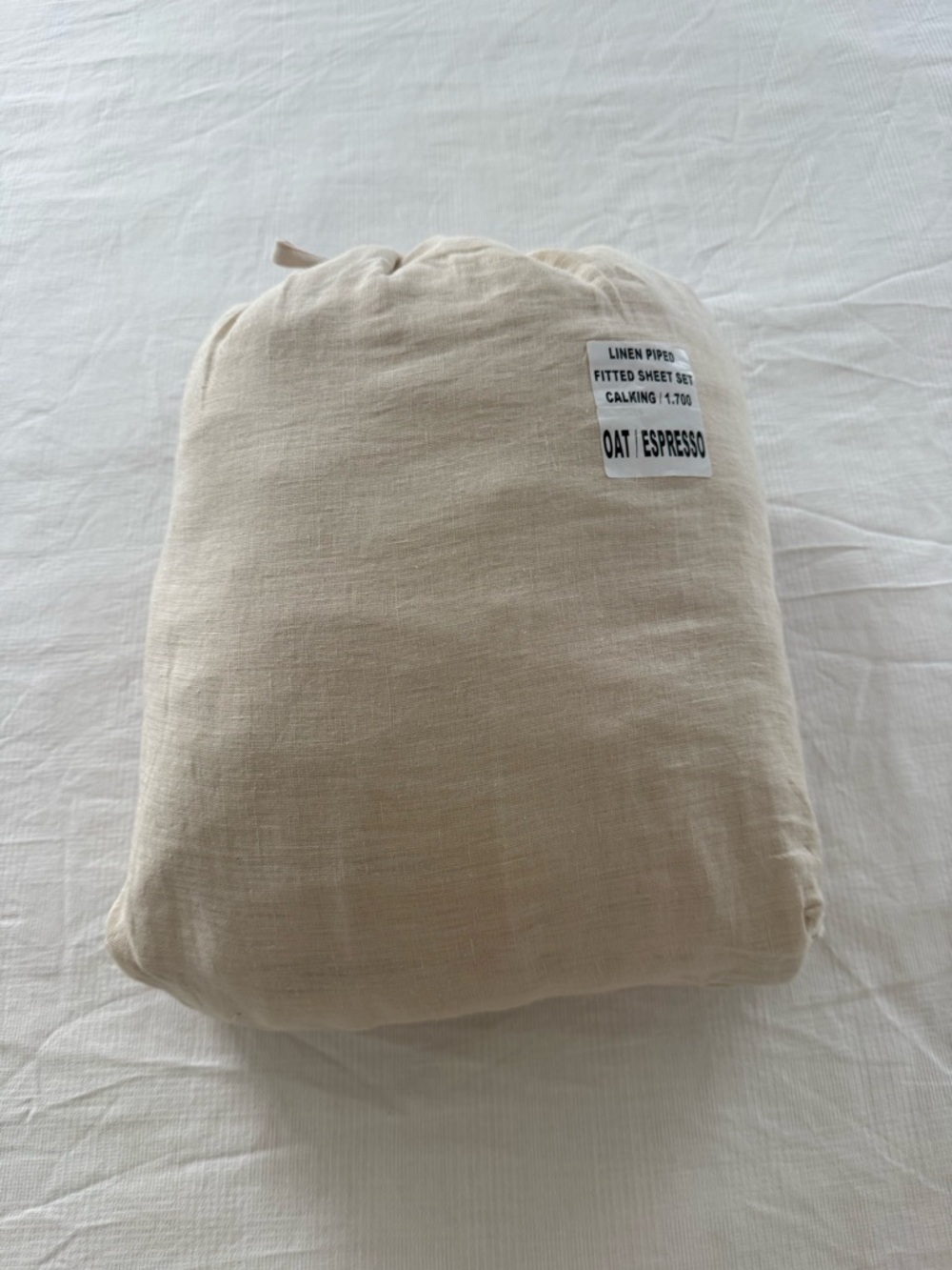 New Quince European Linen Piped Fitted Sheet Set CalKing - Oat/Espresso $134 - Picture 5 of 7